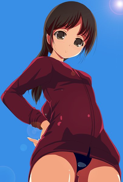 Anime picture 800x1181 with original matsunaga kouyou single long hair tall image looking at viewer blush light erotic brown hair brown eyes from below blue background girl underwear panties sun sports jacket