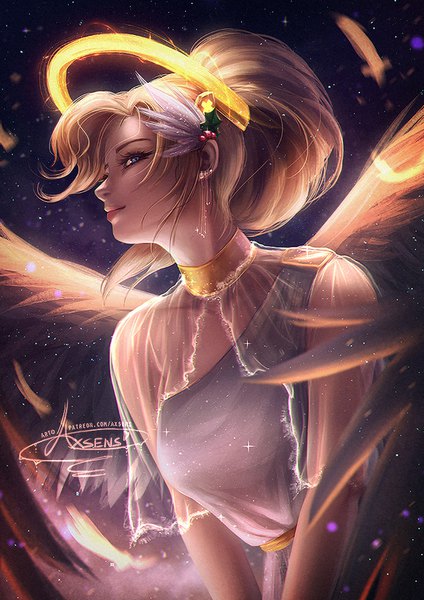 Anime picture 636x900 with overwatch blizzard entertainment mercy (overwatch) axsen single long hair tall image looking at viewer blue eyes blonde hair simple background signed upper body ponytail profile light smile realistic floating hair makeup girl