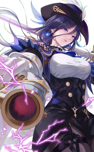 Anime picture 4000x6472 with genshin impact clorinde (genshin impact) kns hanazuna single long hair tall image highres purple eyes looking away absurdres purple hair underbust electricity weapon over shoulder girl weapon hat earrings sword gun