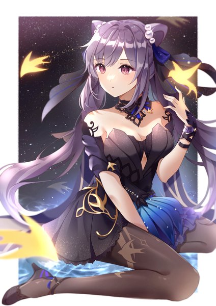 Anime picture 2480x3507 with genshin impact keqing (genshin impact) keqing (opulent splendor) (genshin impact) caron single long hair tall image blush fringe highres breasts hair between eyes sitting purple eyes twintails bare shoulders payot cleavage purple hair night