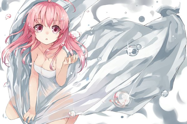 Anime picture 1050x700 with original kou mashiro single long hair fringe breasts open mouth light erotic simple background white background sitting bare shoulders looking away pink hair cleavage ahoge pink eyes from above :o girl