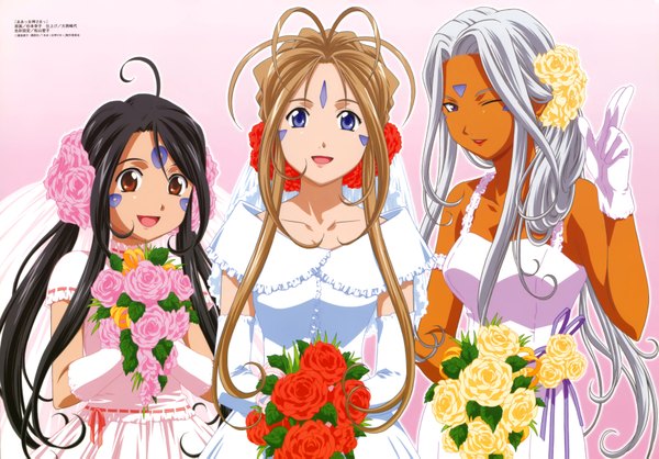Anime picture 6969x4865 with aa megami-sama anime international company belldandy urd skuld highres dress wedding dress