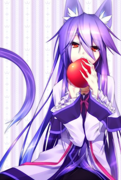 Anime picture 810x1200 with original kawasaki toiro single long hair tall image looking at viewer red eyes animal ears purple hair tail animal tail cat ears cat girl cat tail girl dress fruit apple