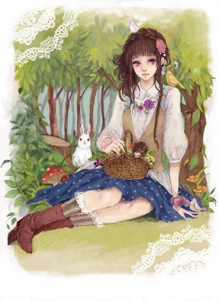 Anime picture 1036x1420 with piyoyanagi single long hair tall image fringe brown hair sitting purple eyes looking away braid (braids) hair flower single braid polka dot animal on shoulder animal on head soft beauty bird on shoulder bird on head girl skirt