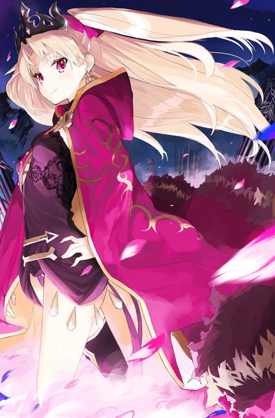 Anime picture 1336x2029 with fate (series) fate/grand order toosaka rin ereshkigal (fate) miruto netsuki single long hair tall image looking at viewer light erotic blonde hair red eyes wind night two side up night sky fur trim hand on hip girl dress