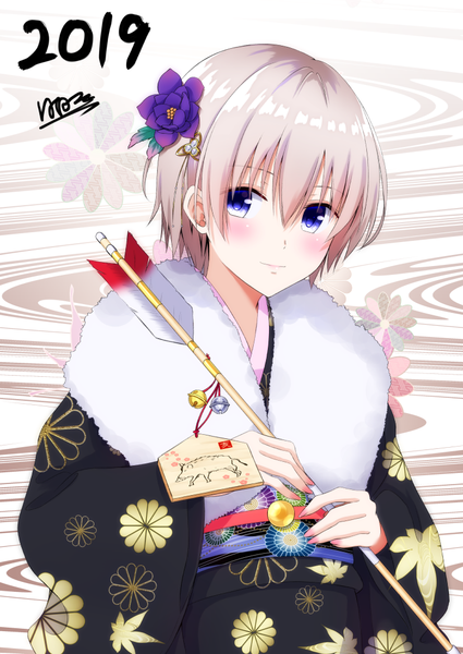 Anime picture 752x1062 with gakkou gurashi! naoki miki hinata tino single tall image looking at viewer blush short hair blue eyes purple eyes silver hair upper body traditional clothes japanese clothes new year 2019 zodiac kikumon chinese zodiac pig (chinese zodiac)