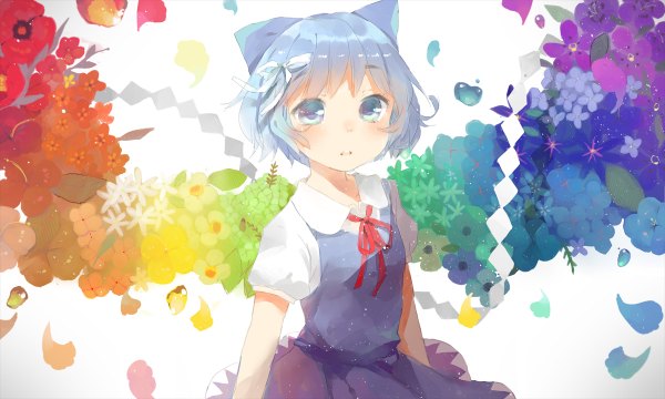 Anime picture 1200x720 with touhou cirno acidear single looking at viewer blush fringe short hair blue eyes wide image white background blue hair parted lips teeth girl dress flower (flowers) bow hair bow petals