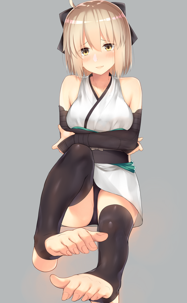 Anime picture 2187x3541 with fate (series) okita souji (fate) (all) okita souji (koha-ace) go-1 single tall image looking at viewer blush fringe highres short hair breasts light erotic blonde hair simple background smile hair between eyes yellow eyes full body ahoge