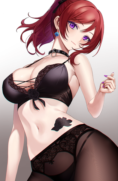 Anime picture 2646x4037 with love live! school idol project sunrise (studio) love live! nishikino maki horai sennkyo single long hair tall image looking at viewer fringe highres light erotic simple background hair between eyes standing purple eyes ponytail red hair nail polish head tilt