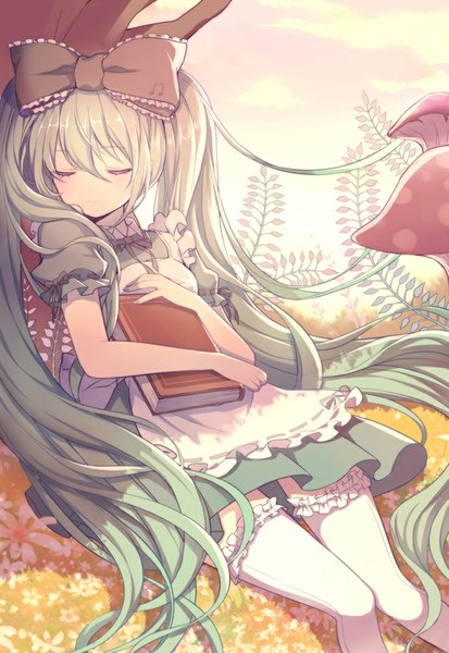 Anime picture 700x1017 with vocaloid alice in musicland (vocaloid) hatsune miku ling (sroin) single tall image twintails sky eyes closed very long hair aqua hair reclining sleeping girl thighhighs dress flower (flowers) bow plant (plants) hair bow