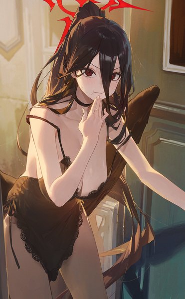 Anime picture 1500x2424 with blue archive hasumi (blue archive) modare single tall image looking at viewer fringe breasts light erotic black hair hair between eyes red eyes large breasts standing ponytail indoors very long hair arm up strap slip eating