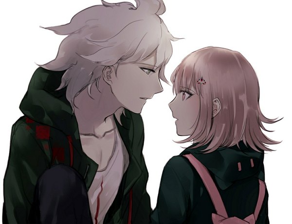 Anime picture 1124x864 with dangan ronpa super dangan ronpa 2 nanami chiaki komaeda nagito yasai (getsu) short hair simple background brown hair white background green eyes white hair profile pink eyes grey hair from behind open clothes open jacket couple face to face girl