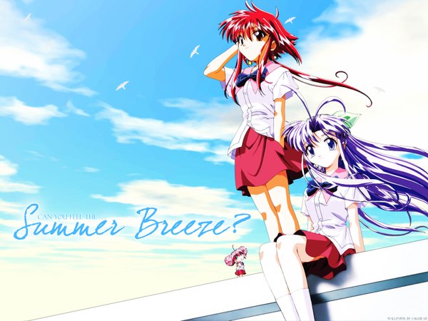 Anime picture 1600x1200 with mamotte shugogetten! shugogetten shaolin rishu (mamotte shugogetten!) bannanchiten kiryuu long hair looking at viewer fringe hair between eyes red eyes standing sitting purple eyes multiple girls sky purple hair cloud (clouds) outdoors red hair arm up light smile