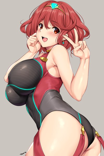 Anime picture 800x1200 with xenoblade xenoblade 2 pyra (xenoblade) pyra (pro swimmer) (xenoblade) tony guisado single tall image looking at viewer blush fringe short hair breasts open mouth light erotic simple background hair between eyes red eyes large breasts standing signed
