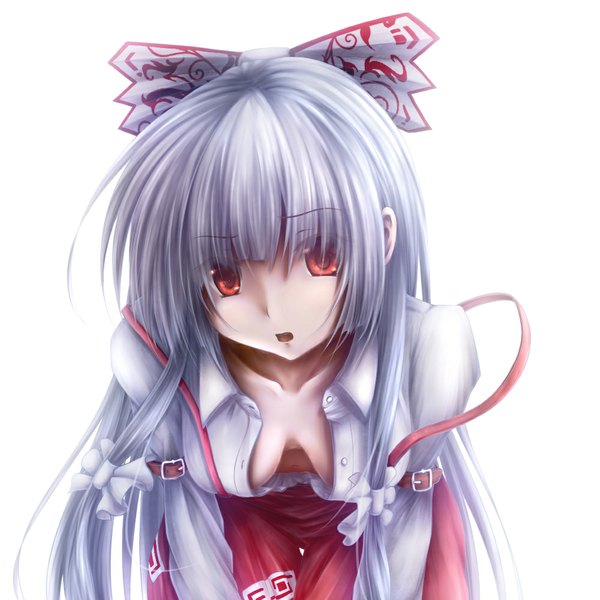 Anime picture 1000x1000 with touhou fujiwara no mokou husky (artist) single long hair looking at viewer breasts open mouth light erotic simple background red eyes white background white hair girl bow hair bow