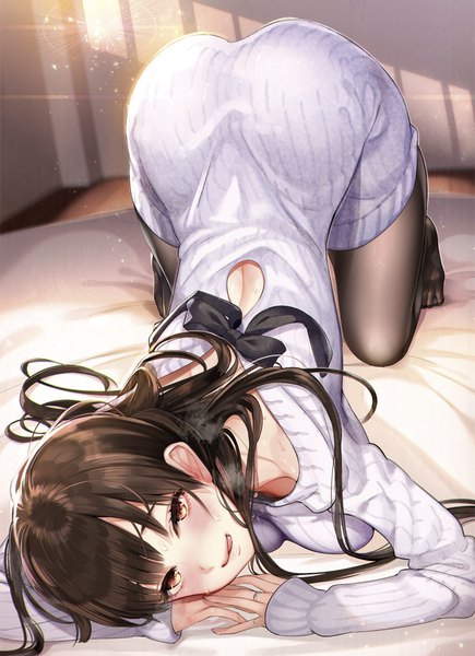 Anime picture 725x1000 with original hayakawa akari single long hair tall image looking at viewer blush breasts light erotic brown hair brown eyes indoors head tilt no shoes top-down bottom-up sexually suggestive girl pantyhose tongue ring