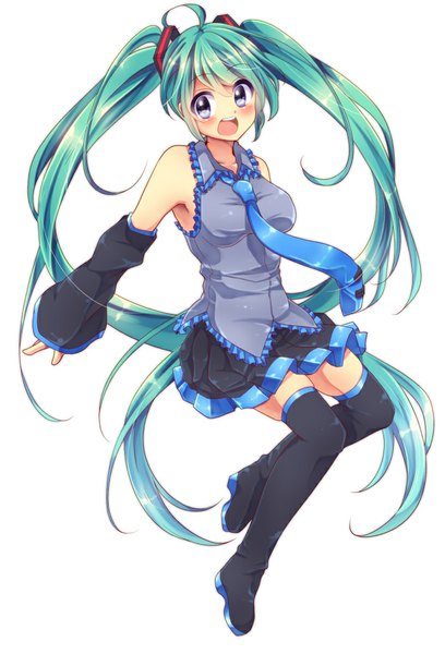 Anime picture 700x1029 with vocaloid hatsune miku urara (sumairuclover) single tall image blush open mouth blue eyes simple background white background twintails very long hair aqua hair girl skirt detached sleeves necktie thigh boots