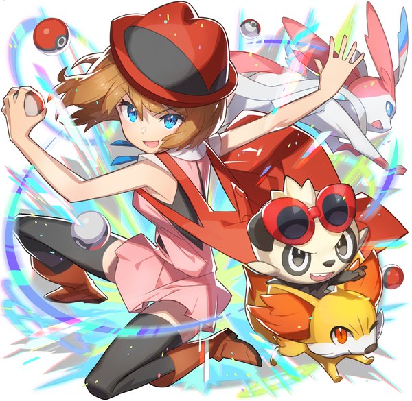 Anime picture 1025x1000 with pokemon pokemon xy nintendo serena (pokemon) sylveon fennekin pancham saitou naoki single looking at viewer short hair open mouth blue eyes brown hair bare shoulders from above zettai ryouiki spread arms sunglasses on head gen 6 pokemon