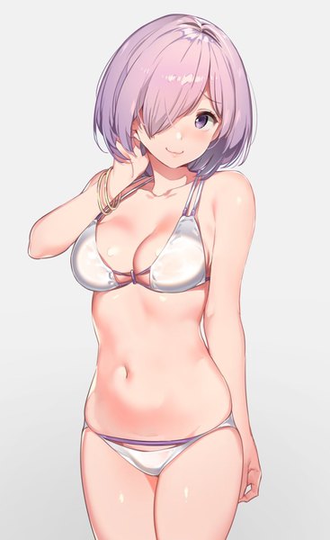 Anime picture 900x1469 with fate (series) fate/grand order mash kyrielight yuran (cozyquilt) single tall image looking at viewer blush short hair light erotic simple background smile standing purple eyes pink hair shiny skin gradient background adjusting hair body blush girl