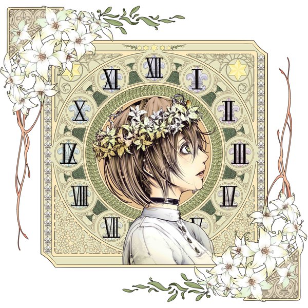 Anime picture 4092x4092 with original bouno satoshi single highres short hair open mouth brown hair green eyes absurdres profile tears girl flower (flowers) choker teardrop wreath