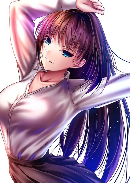 Anime picture 708x1000 with mahou tsukai no yoru aozaki aoko akeyama kitsune single long hair tall image looking at viewer fringe breasts blue eyes simple background smile hair between eyes brown hair standing white background upper body long sleeves parted lips pleated skirt