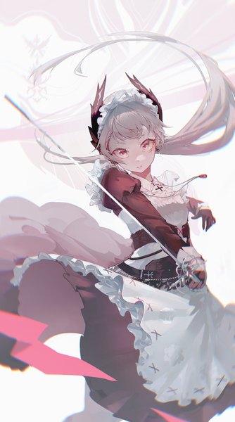 Anime-Bild 1426x2560 mit arknights irene (arknights) irene (voyage of feathers) (arknights) mrruaaa single long hair tall image looking at viewer horn (horns) grey hair maid grey eyes official alternate costume expressionless girl gloves uniform black gloves headdress maid headdress