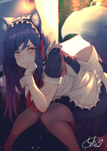 Anime picture 1417x2000 with original chita (ketchup) single long hair tall image looking at viewer blush fringe black hair smile sitting signed animal ears tail animal tail mole maid orange eyes puffy sleeves fox ears