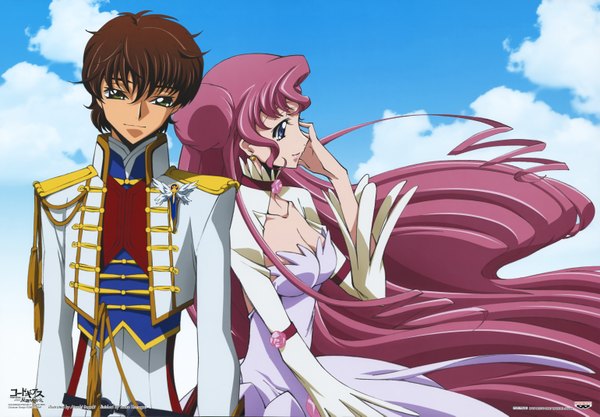 Anime picture 6158x4290 with code geass sunrise (studio) kururugi suzaku euphemia li britannia itagaki atsushi long hair highres blue eyes brown hair green eyes pink hair absurdres sky cloud (clouds) very long hair scan hair bun (hair buns) couple girl dress