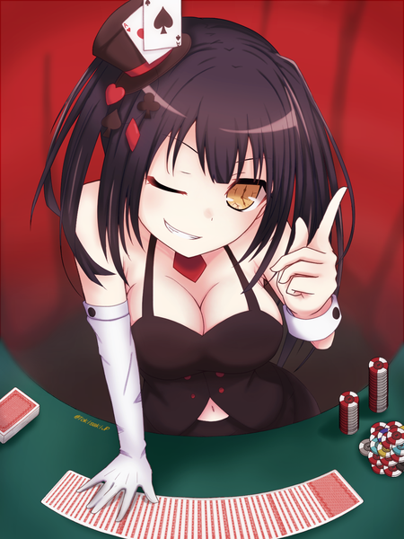 Anime picture 1200x1600 with date a live tokisaki kurumi tokisakijp single tall image looking at viewer fringe short hair breasts light erotic black hair smile large breasts twintails bare shoulders signed yellow eyes upper body parted lips one eye closed