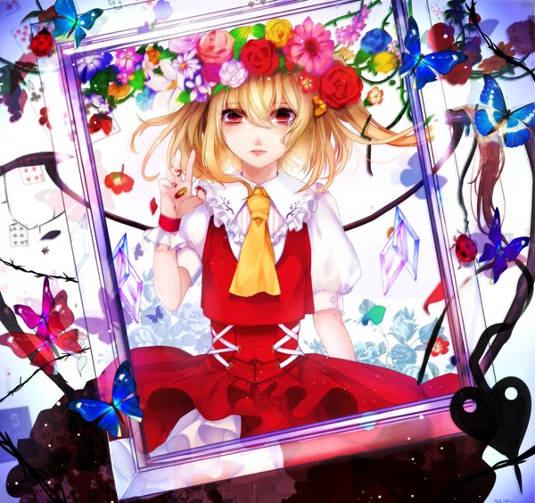 Anime picture 1700x1600 with touhou flandre scarlet renkarua single looking at viewer short hair blonde hair red eyes hair flower one side up empty picture frame girl dress skirt hair ornament flower (flowers) weapon wings insect butterfly