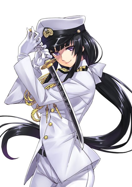 Anime picture 707x1000 with kantai collection female admiral (kantai collection) matsuryuu single long hair tall image looking at viewer black hair simple background white background purple eyes ponytail light smile girl gloves uniform weapon sword jacket belt