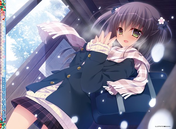 Anime picture 2608x1920 with nanaka mai single blush highres short hair open mouth black hair yellow eyes indoors scan from below plaid skirt snowing winter snow exhalation girl skirt uniform school uniform