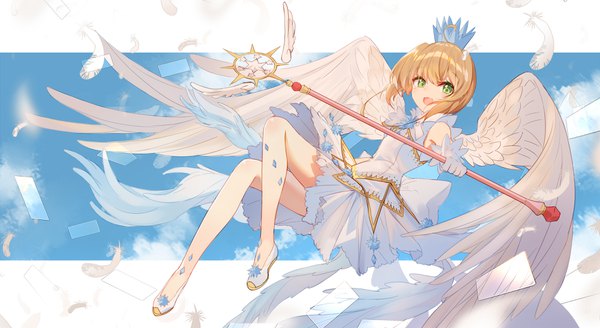 Anime picture 3940x2160 with card captor sakura clamp kinomoto sakura bison cangshu single looking at viewer blush fringe highres short hair open mouth smile hair between eyes brown hair wide image holding green eyes absurdres sky cloud (clouds)