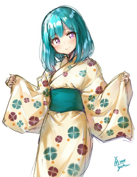 Anime picture 1516x1954 with original takenoko no you single tall image looking at viewer blush short hair simple background smile white background purple eyes signed traditional clothes japanese clothes aqua hair wide sleeves girl yukata