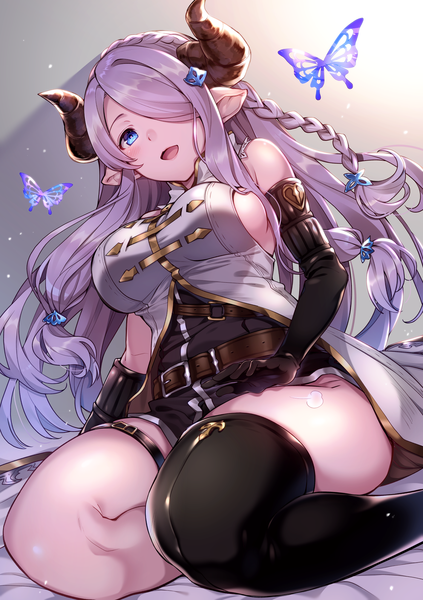 Anime picture 1416x2006 with granblue fantasy narmaya (granblue fantasy) kat (bu-kunn) single long hair tall image looking at viewer blush fringe breasts blue eyes light erotic large breasts sitting purple hair braid (braids) horn (horns) pointy ears hair over one eye gradient background