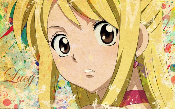 Anime picture 1280x800 with fairy tail lucy heartfilia leonel098 single long hair blonde hair wide image brown eyes looking back inscription coloring portrait close-up face girl earrings