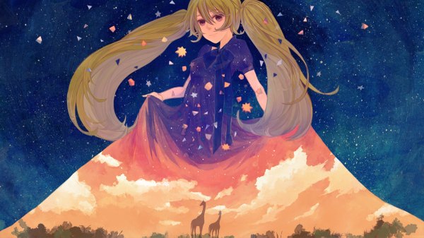 Anime picture 1200x675 with vocaloid hatsune miku 72 (nananatsu) single long hair wide image twintails purple eyes sky cloud (clouds) green hair night night sky landscape double exposure girl dress star (stars) giraffe