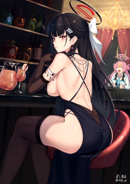 Anime picture 2480x3508 with blue archive rio (blue archive) koyuki (blue archive) bld zi long hair tall image looking at viewer fringe highres breasts light erotic black hair large breasts sitting multiple girls signed ass indoors blunt bangs from behind