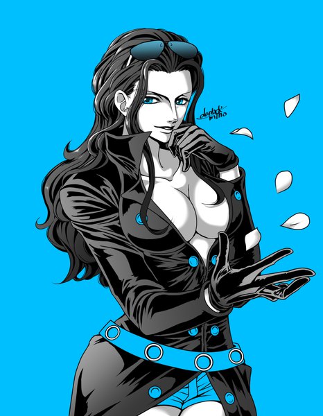 Anime-Bild 777x1000 mit one piece one piece film: gold toei animation nico robin danbat miho single long hair tall image looking at viewer breasts blue eyes light erotic black hair simple background smile large breasts standing signed cleavage upper body