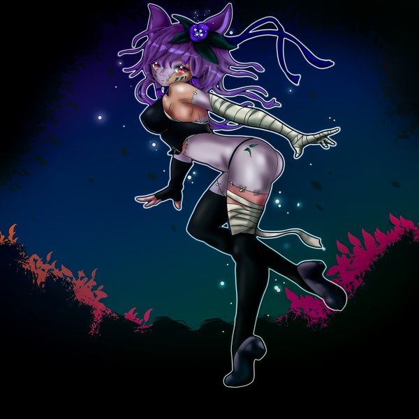 Anime picture 3937x3937 with original rainbow d fox single long hair looking at viewer fringe highres light erotic hair between eyes red eyes standing absurdres purple hair full body hair flower leaning leaning forward standing on one leg zombie girl
