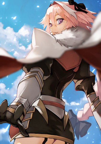 Anime picture 1058x1500 with fate (series) fate/apocrypha astolfo (fate) yoshio (55level) single long hair tall image looking at viewer fringe light erotic smile hair between eyes purple eyes pink hair sky cloud (clouds) braid (braids) multicolored hair two-tone hair from below