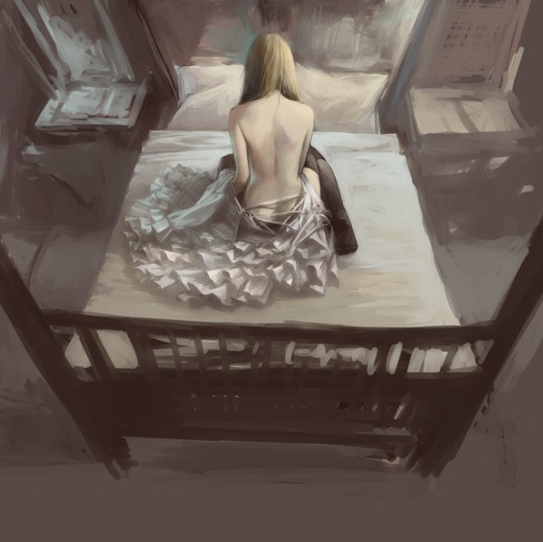 Anime picture 1300x1299 with original tsubu mikan single long hair light erotic blonde hair sitting bare shoulders zettai ryouiki back bare back girl thighhighs dress black thighhighs frills white dress pillow bed blanket