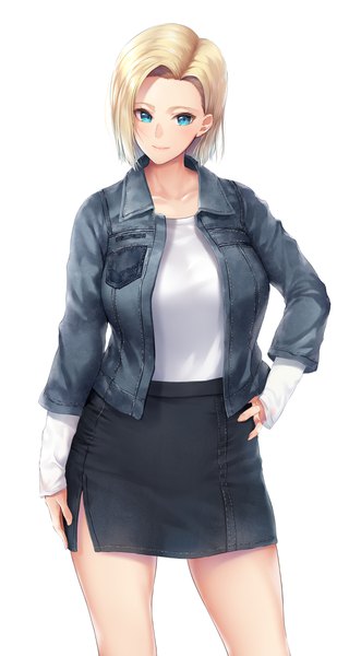 Anime picture 2358x4414 with dragon ball dragon ball z android 18 khanka shui single tall image looking at viewer blush fringe highres short hair breasts blue eyes simple background blonde hair smile large breasts standing white background long sleeves