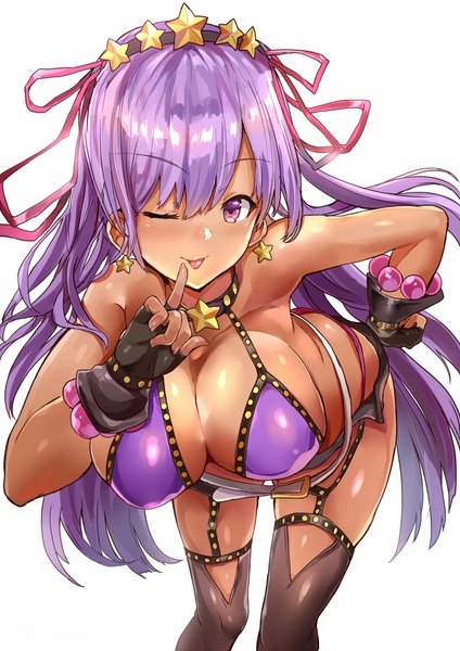 Anime picture 672x950 with fate (series) fate/grand order bb (fate) (all) bb (swimsuit mooncancer) (fate) himuro (dobu no hotori) single long hair tall image looking at viewer blush fringe breasts light erotic simple background smile hair between eyes standing white background purple eyes bare shoulders