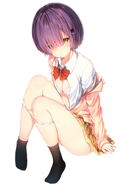 Anime picture 1061x1500 with kawaikereba hentai demo suki ni natte kuremasu ka? fujisoto ayano sune (mugendai) single tall image looking at viewer blush fringe short hair light erotic simple background white background sitting yellow eyes purple hair full body bent knee (knees) blunt bangs braid (braids) head tilt