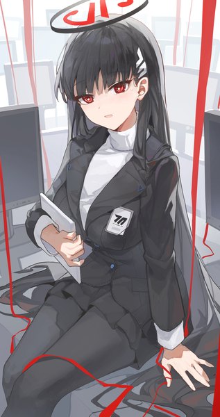 Anime picture 1876x3551 with blue archive rio (blue archive) sentter single tall image looking at viewer fringe highres open mouth black hair red eyes sitting holding indoors blunt bangs long sleeves very long hair pleated skirt arm support sweatdrop