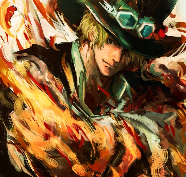 Anime picture 2048x1950 with one piece toei animation sabo (one piece) torapunch single looking at viewer highres short hair blonde hair smile upper body black eyes goggles on head covering eye (eyes) hat over eyes boy hat goggles neckerchief flame