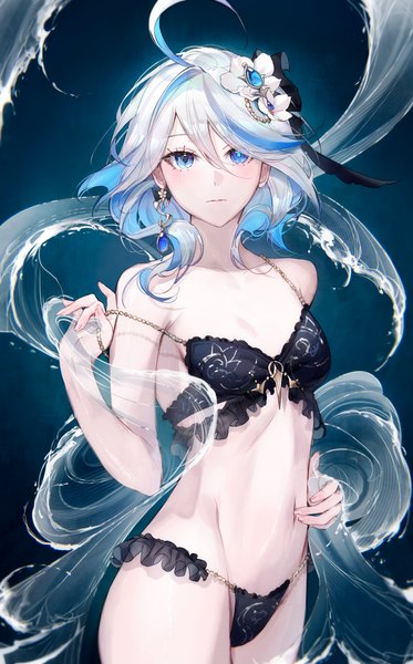 Anime picture 2488x4000 with genshin impact furina (genshin impact) qiandaiyiyu single tall image looking at viewer fringe highres short hair breasts blue eyes light erotic simple background hair between eyes standing blue hair silver hair ahoge multicolored hair arm up