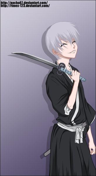 Anime picture 1264x2309 with bleach studio pierrot ichimaru gin rimex-123 single tall image short hair simple background smile silver hair eyes closed japanese clothes shadow coloring boy weapon sword belt kimono katana