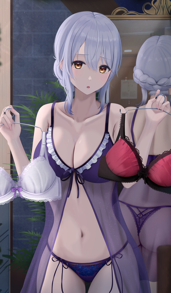 Anime picture 3851x6573 with original inaka 44 single tall image looking at viewer fringe highres short hair breasts open mouth light erotic hair between eyes large breasts standing holding yellow eyes absurdres cleavage silver hair ass